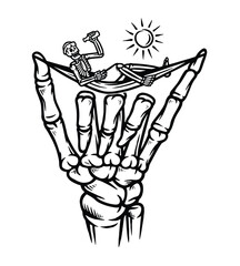 skeleton and chill hand sign line illustration
