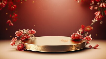 Luxury gold Asian podium to display your product with flower AI Generative