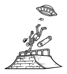 skateboarder attacked by ufo line illustration © gunaonedesign