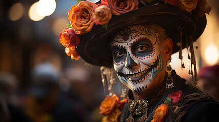 Day of the Dead in Mexico. Street festival atmosphere. Themed parties. People celebrating.
