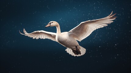 A stunning image of a tundra swan in flight against a night sky.