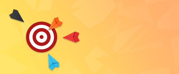 Target achievement. Paper planes heading to dartboard on gradient color background, space for text....