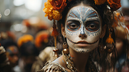 Fototapeta na wymiar Day of the Dead in Mexico. Street festival atmosphere. Themed parties. People celebrating.
