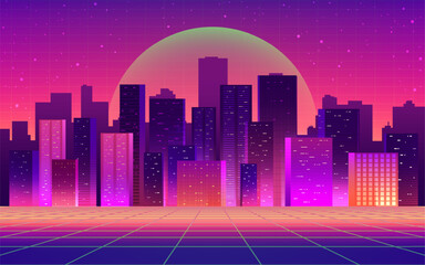 Futuristic night city with technological light grid background. Digital futurist cyber downtown space design, cyberpunk technology, Town virtual reality, science fiction matrix, vector illustration