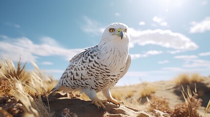 A sunny day features a white gyrfalcon banking.