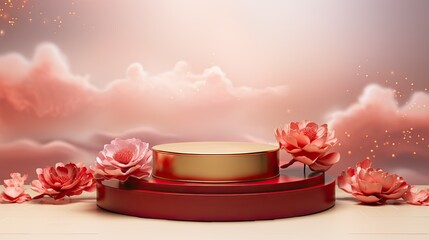 Obraz na płótnie Canvas Luxury red gold Asian podium with flower on the red glitter background AI Generative