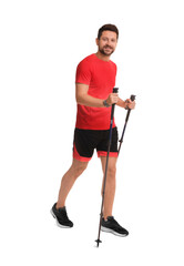 Man practicing Nordic walking with poles isolated on white