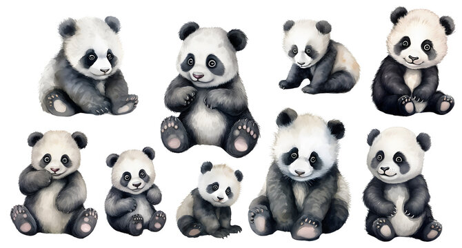 Baby panda watercolor  illustration clipart. Generative AI.