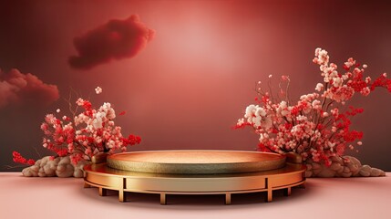Fototapeta na wymiar Luxury red gold Asian podium with Chinese element on the red background AI Generative