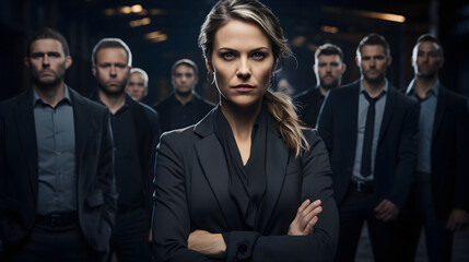Woman in business suit stands seriously in front of colleagues with arms crossed