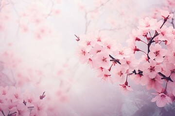 Background with pink cherry blossom flowers in spring. Generative AI