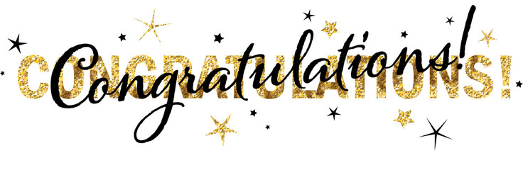 CONGRATULATIONS! gold glitter and black typography banner with stars on transparent background - obrazy, fototapety, plakaty