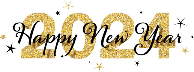 HAPPY NEW YEAR 2024 gold glitter and black typography banner with stars on transparent background