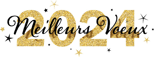 MEILLEURS VOEUX 2024 (HAPPY NEW YEAR 2024) gold glitter and black typography banner with stars on transparent background - 664263022