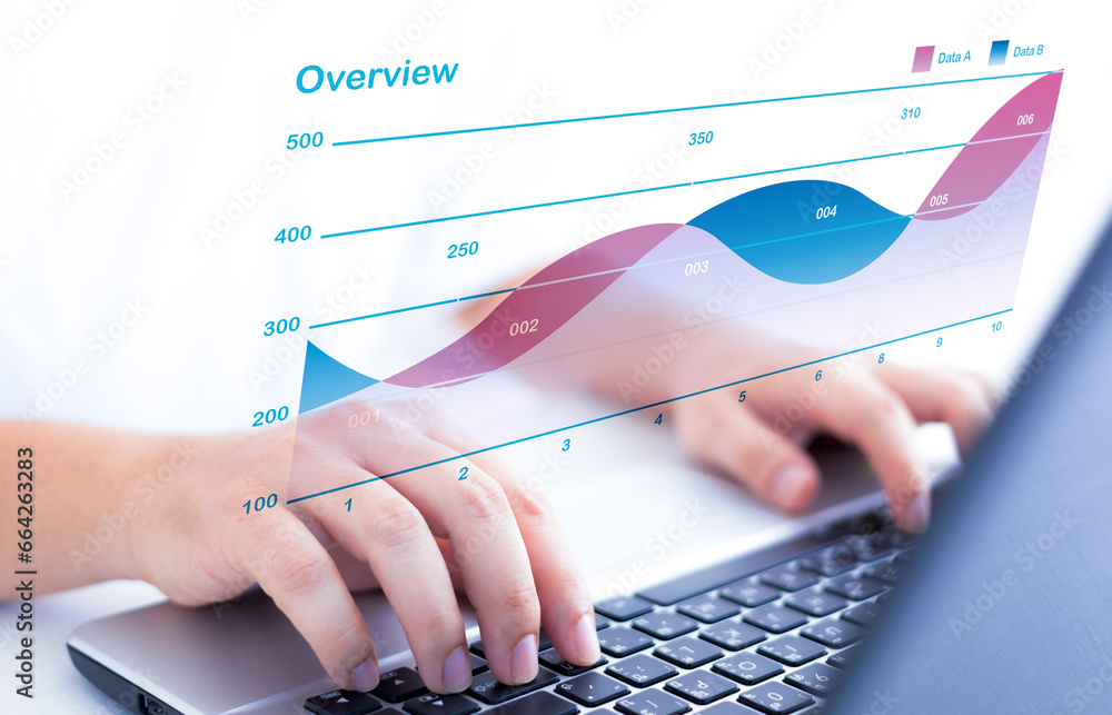 Poster mixed graphic photo of man holding hands on keyboard, white background and data table, virtual scree