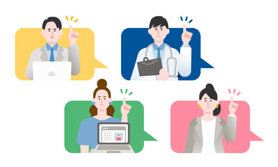 吹き出しから出てきた指さしをするビジネスパーソンのイラスト