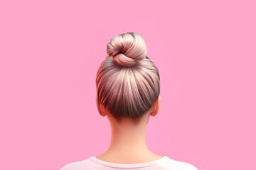 Modern hairstyle bun on pink hair back view close-up.