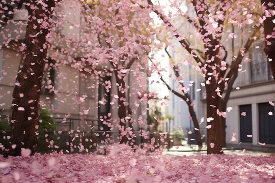 Beautiful Cherry Blossom Petals Falling Gently From Sakura Trees. Generative AI