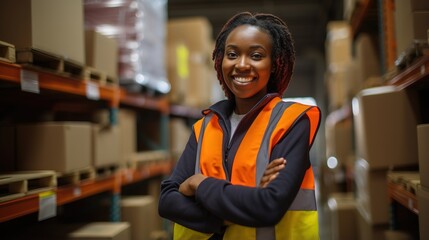 Fototapeta premium Worker in a warehouse, African woman in high visibility vest, arms crossed confident look, blurred shelves stacks background