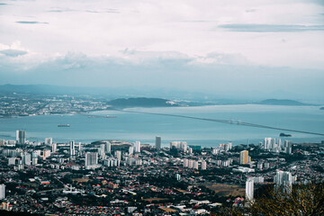 Panoramic scenery of Penang city sky line and city scape, George Town, Penang, the colorful, multicultural capital of the Malaysian island of Penang. Penang hill panoramic scenery