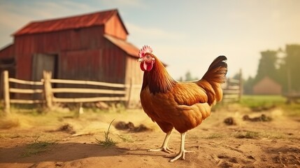 Empty rustic old wooden boards table copy space with free range chicken farm in background. Product display template