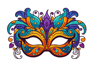 Doodle Mardi Gras mask with beads, cartoon sticker, sketch, vector, Illustration, minimalistic