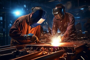 Workers and welders welding in the factory