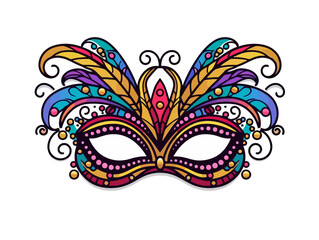 Doodle Mardi Gras mask with beads, cartoon sticker, sketch, vector, Illustration, minimalistic