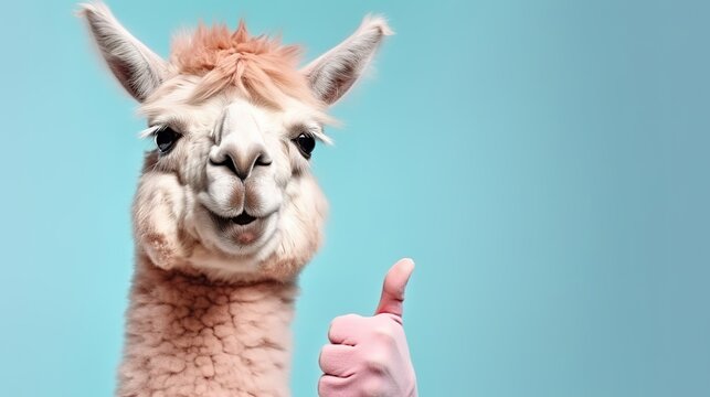 Funny alpaca llama, smiling, showing approving thumbs up to appreciate good work or product. Wide banner with copy space side