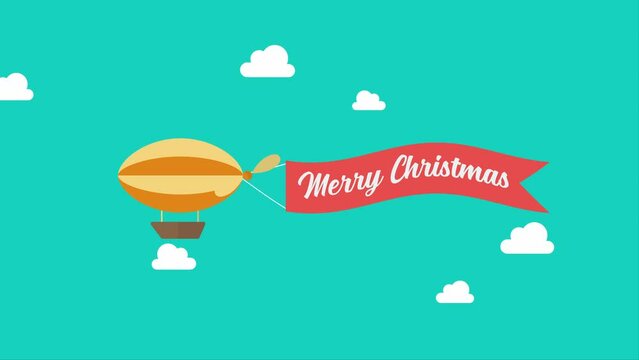 Airship pulls the banner with word MERRY CHRISTMAS on it. 4k video animated