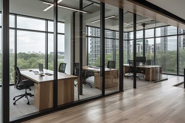 Modern office with wood, glass partitions, and extensive windows. Generative AI