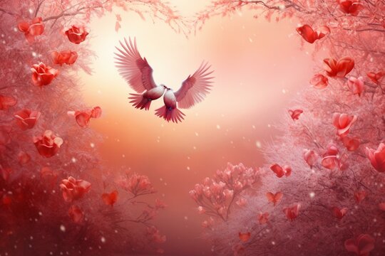 Radiant soaring affectionate hearts against a rosy backdrop for February 14th. Generative AI