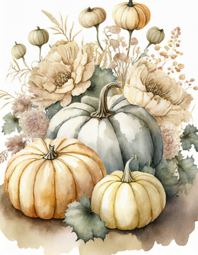 Beautiful watercolor pumpkins in boho tones with decorative seasonal fall flowers, painting illustration