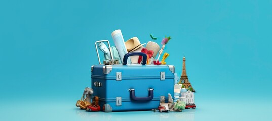 Blue suitcase full of landmarks and travel accessories on blue background.