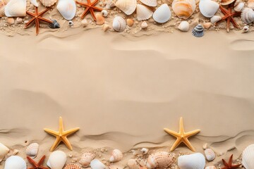 Fototapeta na wymiar frame of seashells on the beach Generative AI