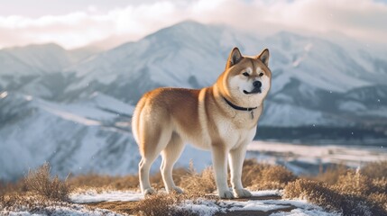 Majestic Akita Inu on Snowy Hill with Mountain Background