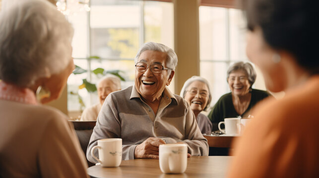 elderly man having fun in the sitting in the lounge of a retirement home and laughing