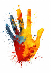 a person's hand in paint on a colored background, gesture, fingers, palm, deaf-mute language, art, artist, drawing, body art - obrazy, fototapety, plakaty