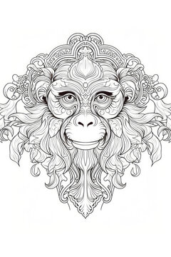 coloring page with mandala ornaments of a monkey ape head in a line art hand drawn style