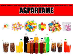 Aspartame hazard. Different soda drinks and candies containing sugar substitute on white background