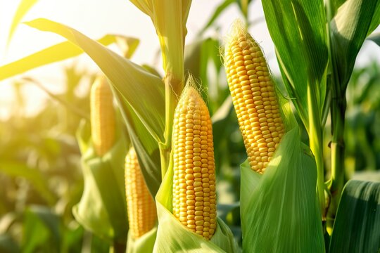 Closeup corn cobs in corn plantation field.