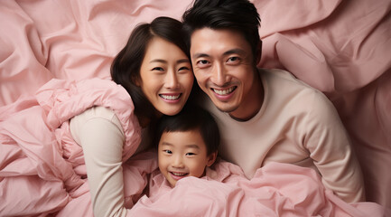 Fototapeta premium happy vogue fashion family wearing color clothes, taking a picture, professional studio colors background