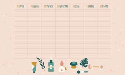 Obraz premium German blank weekly calendar. Weekly planner template for German speakers. Organizer with beauty products. Vector illustration