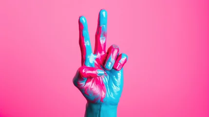Fotobehang a person's hand in paint on a colored background, gesture, fingers, palm, deaf-mute language, art, artist, drawing, body art, peace sign, victory © Julia Zarubina