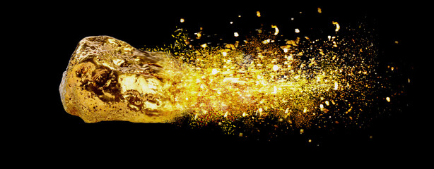 Gold nugget and shiny glitter as comet on black background. Banner design