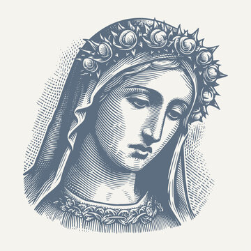 Portrait of Holy Mary. Vintage woodcut engraving style vector illustration.