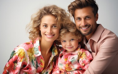 happy vogue fashion family wearing color clothes, taking a picture, professional studio colors background