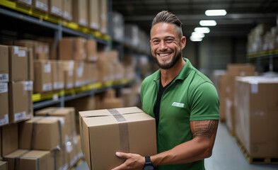 Employee holding a box and smiling in a warehouse wearing bright solid color cloth