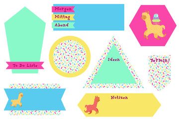 German blank bullet journal or planner stickers with cute llamas. 
