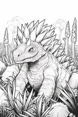 coloring book page of dinosaur in the jurassic period with line art hand drawn style for kids and teens